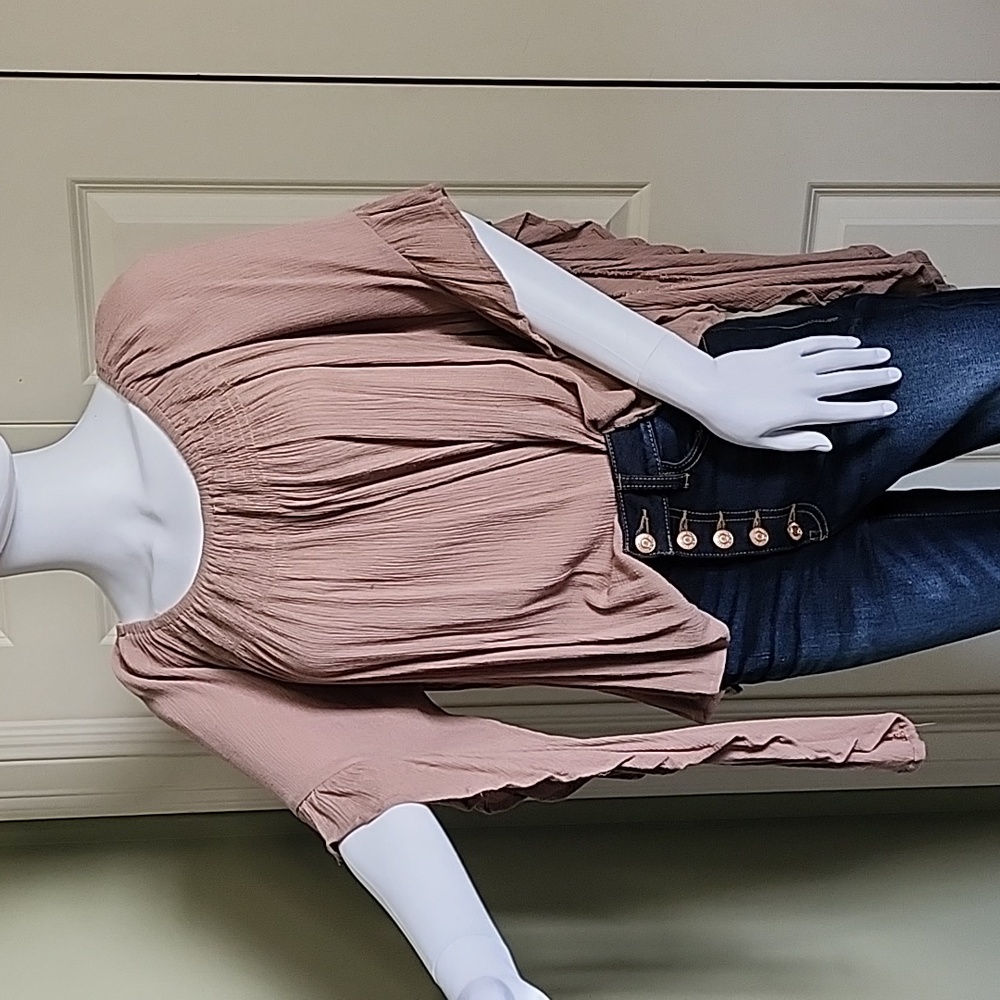 Shinestar Taupe Peasant Top - on or off shoulder!
